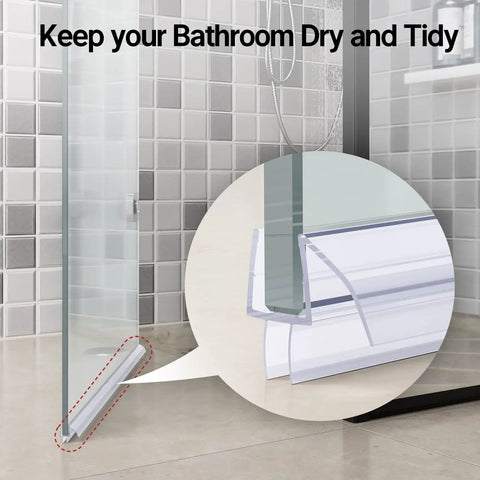 Close-up of Three Section Shower Door Bottom Seal Kit For Three Eighth Inch Frameless Glass Doors Each Section Measures 15.75 Inches Easy Install Keeps Water In And Prevents Leaks Replacement Seal Strip For Bathrooms in use on glass door