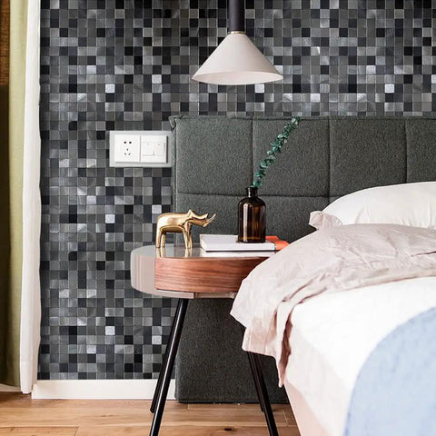 10 Piece Self Adhesive Brushed Aluminum Metal Backsplash Tiles Peel And Stick For Kitchen And Home Decor installed in bedroom