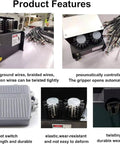 Features of QUGURLID Automatic Wire Twisting And Stripping Machine showing foot switch, gripper, and various cable types.