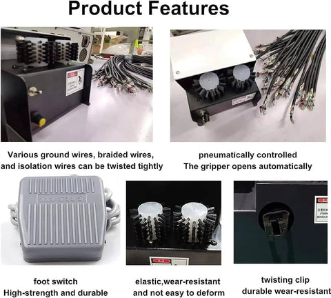 Features of QUGURLID Automatic Wire Twisting And Stripping Machine showing foot switch, gripper, and various cable types.