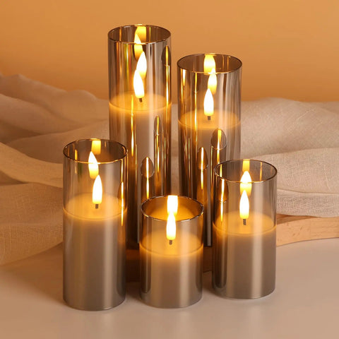 Grey Glass Flameless Candles With Remote Control Real Wax Look Flickering LED Pillar Candles for Cozy Home Decor Slim Tall Battery Powered Set of Five
