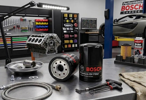 Premium Oil Filter With FilTech Filtration Technology Delivers Superior Engine Protection And Long Lasting Performance product on workbench