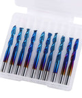 End mill set: 10 blue-coated flat-nose CNC router bits, 1/8 in shank, upcut 2-flute, 3.175×17×38 mm