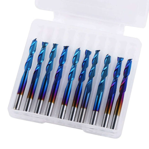 End mill set: 10 blue-coated flat-nose CNC router bits, 1/8 in shank, upcut 2-flute, 3.175×17×38 mm