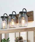 Farmhouse Mason Jar Bathroom Vanity Lights With Faux Wood Backplate In Warm Brown Finish Cozy Rustic Jar Shade Sconce For Modern Powder Room