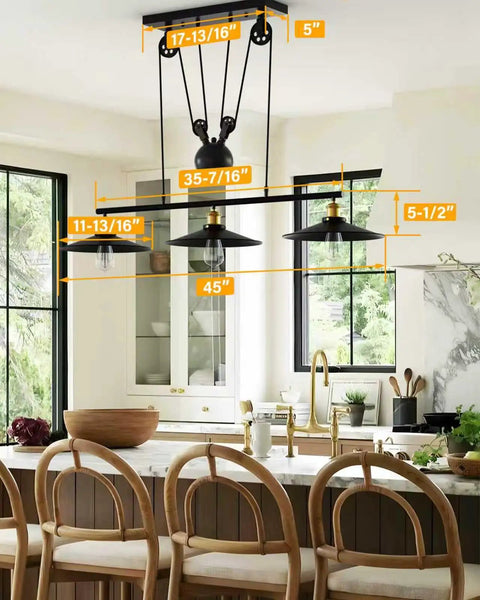 Three Pack Rustic Farmhouse Pendant Lights For Kitchen Island And Dining Room With Three E26 Sockets Adjustable Pulley Style Chandeliers over island