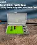 Open tackle box with flies and hooks, showcasing Hook Threader Tool Set With Line Cutter Zinger Retractor Fly Patch Combo For Easy Tying.