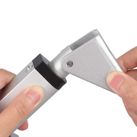 Two-pack linear actuator mounting brackets, silver galvanized steel with hinged joint close-up view.