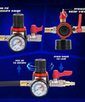 Front view of 10-piece turbo system leakage tester kit with pressure gauge, relief valve, red lever, and hose adapters.