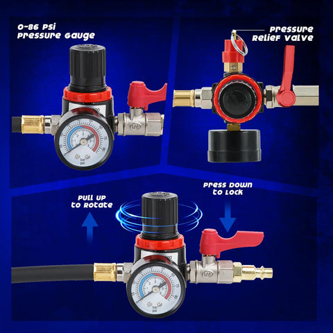 Front view of 10-piece turbo system leakage tester kit with pressure gauge, relief valve, red lever, and hose adapters.