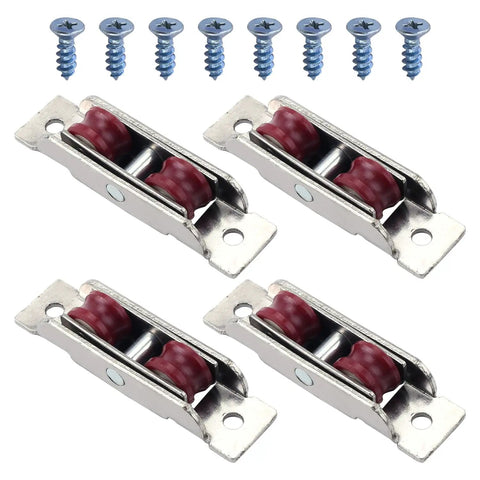 Top Shelf Double Wheel Pulley Set Featuring Nylon U Groove Rollers For Zero Drag Sliding Doors And Windows Silver Stainless Steel Housing Four Pack with screws.