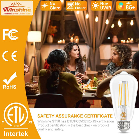 Edison E26 LED Bulb 60W Equivalent 3000K Soft Warm White 6W Vintage Filament Light Bulbs Antique ST58 Clear Glass CRI 85 E26 Base Non Dimmable 700 Lumen Pack Of 6 displayed in a cozy dinner setting with friends.