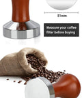51mm Espresso Tamper With Stainless Steel Flat Base And Solid Wood Handle For 51mm Portafilters, shown with coffee beans