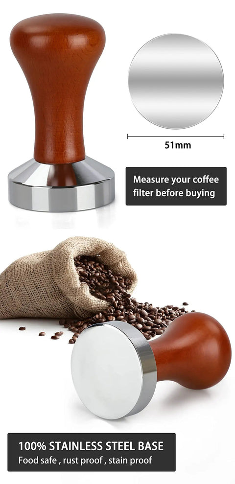 51mm Espresso Tamper With Stainless Steel Flat Base And Solid Wood Handle For 51mm Portafilters, shown with coffee beans