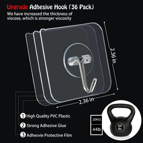 Heavy Duty Self Adhesive Wall Hooks Set 36 Pack With Upgraded Thick Clear Design 44lb Max Load Per Hook Waterproof Rustproof