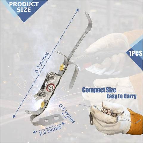 Handheld Welding Wire Feed Tool For Smooth TIG And Arc Work, Compact Filler Rod Guide, shown with dimensions and usage
