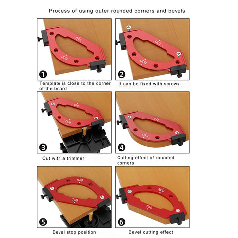 Process images of Hella Precise Router Corner Jig Radius Template Set R10 To R60 Heavy Duty Aluminum Woodworking Cabinet Edge Trimmer Kit.