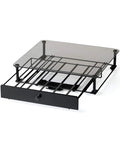 Rolling Coffee Pod Drawer With Tempered Glass And Black Finish, Holds 36 KCups, Slim Under Counter Storage For Coffee Pot, Easy Glide Pod Organizer For A Slick Countertop Coffee Station, showing glass top and black frame in open position.