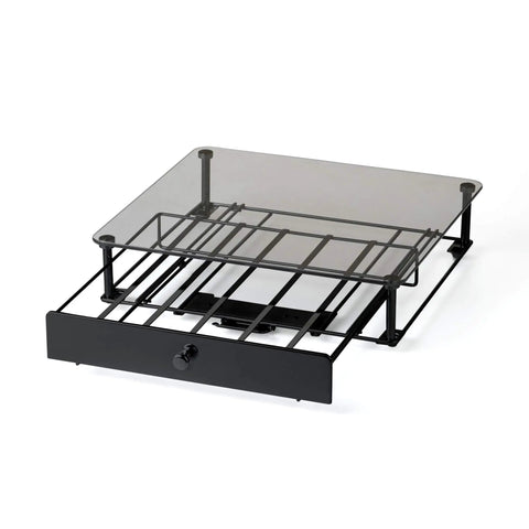 Rolling Coffee Pod Drawer With Tempered Glass And Black Finish, Holds 36 KCups, Slim Under Counter Storage For Coffee Pot, Easy Glide Pod Organizer For A Slick Countertop Coffee Station, showing glass top and black frame in open position.