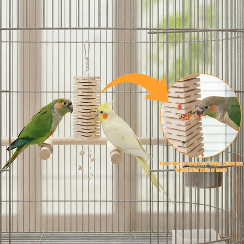 Safe Untreated Ultra Soft Balsa Wood Foraging Toy With Canyon Groove Design For Small Parrots Enrichment Interactive Destructible Chew Toy With Stainless Steel Hook For Green Cheek Conures Cockatiels hanging in cage with green cheek conure and cockatiel.