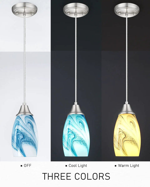 Handcrafted Glass Pendant Light Fixtures With Oval Art Shade And Adjustable Cord Hanging Light For Dining Room Kitchen Hallway And Foyer Blue Marble Color Brushed Nickel Accents Three Pack showing three lighting modes