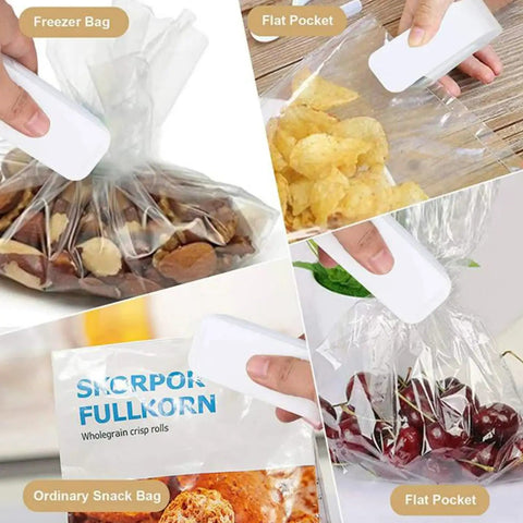 Image showing Slick Mini Portable Handheld Bag Sealer For Fresh Snack Storage sealing various food bags, including freezer and snack bags.