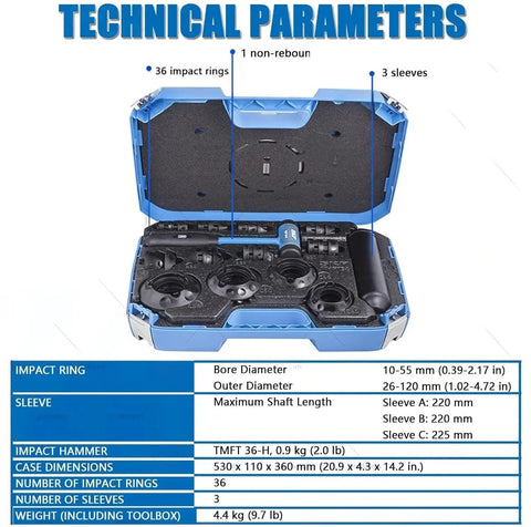 Open toolbox revealing Easy Bearing Install And Removal Kit with 36 impact rings, 3 sleeves, and hammer, 10 to 55 mm bore