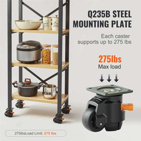 Four Pack Heavy Duty Leveling Casters With Smooth Roller Swivel Wheels And Quick Twist Height Adjustment Handles For Big Time Workshop Stability Plus Rubber Floor Savvy Workbench Pads on a shelf supporting up to 275 lbs
