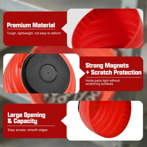 Magnetic Nut Cup Set With Telescoping Magnetic Pickup Tool And Two 6 Inch Magnetic Bowls In Red And Gray For Easy Part Sorting, Quick Identification, And Hassle Free Retrieval In Garage Or Workshop red magnetic bowl close-up with non-marring base