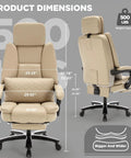500lbs Capacity Big And Tall Office Chair With Lumbar Support PU Leather, front and back view showing dimensions and features.