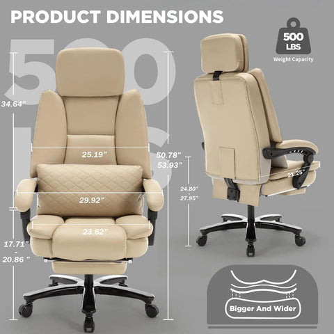 500lbs Capacity Big And Tall Office Chair With Lumbar Support PU Leather, front and back view showing dimensions and features.