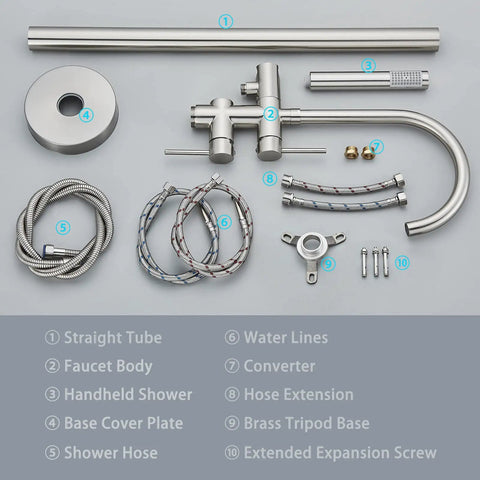 Floor Mounted Freestanding Tub Filler Faucet With Handheld Shower In Brushed Nickel Finish Stainless Steel Bathroom Tap components set