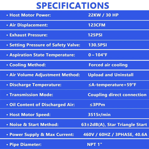 Beefy 30HP Rotary Screw Air Compressor Delivers 123 CFM at 125 PSI 460 Volts Three Phase Fixed Speed Industrial Grade Unit for Continuous Duty Manufacturing and Heavy Load Air Demands. specifications chart