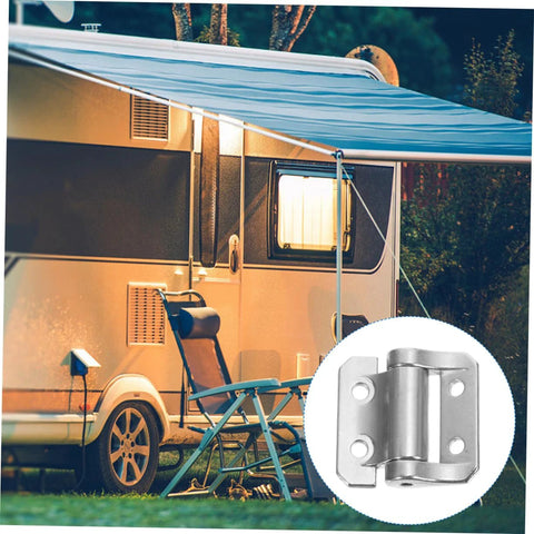 Outdoor setting with RV and focus on soft close corner cabinet hinge.