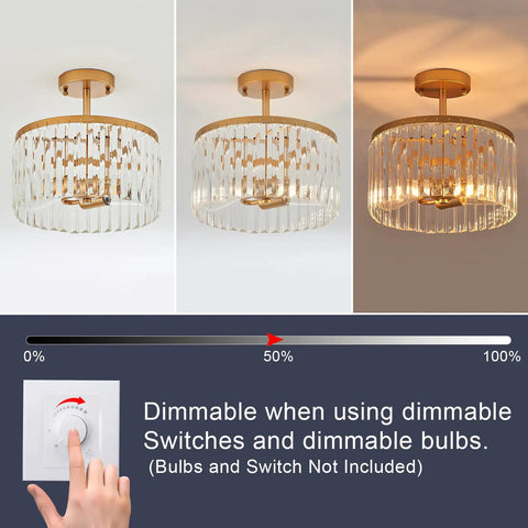 Gold 12 Inch Semi Flush Mount Crystal Ceiling Light Fixture With 38 Crystal Beads dimming demonstration