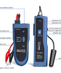 Underground Wire Locator And Cable Tester F02 Pro device with labeled parts including antenna, LED indicators, and switches