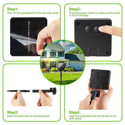 Installation steps for Outdoor Solar String Lights Waterproof 288 Ft Set With Four 72 Ft Strands, focusing on solar panel setup.