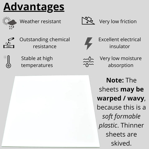 Natural White PTFE Teflon Virgin Plastic Sheet One Eighth Inch Thick, formable with low friction and chemical resistance.