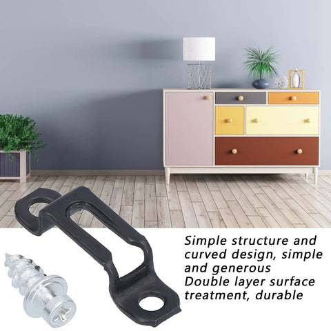 Close-up of a 60 Pack Slick Furniture Connectors And Concealed Slide Buckles For Cabinet Hardware clip and screw on wooden floor.