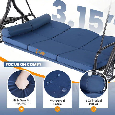 Close-up of blue removable cushions on the Three Seat Outdoor Porch Swing With Adjustable Canopy And Stand 2 In 1 Patio Swing Bed.