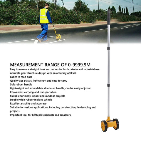 Baxnore Rolling Measuring Wheel 4 Inch Dual Wheel Accurate Distance Measurement Tool with Telescopic Rod used outdoors for measuring.