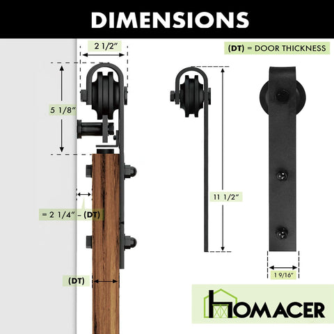 Dimensions of Black Rustic Non-Bypass Sliding Barn Door Hardware Kit For One Door, 8Ft Long Flat Track Classic Roller Design shown