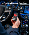 Bluetooth OBD2 Scanner With Full System Diagnostics For All OBDII Cars Since 1996 held in hand inside car with dashboard view