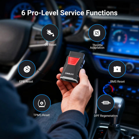 Bluetooth OBD2 Scanner With Full System Diagnostics For All OBDII Cars Since 1996 held in hand inside car with dashboard view