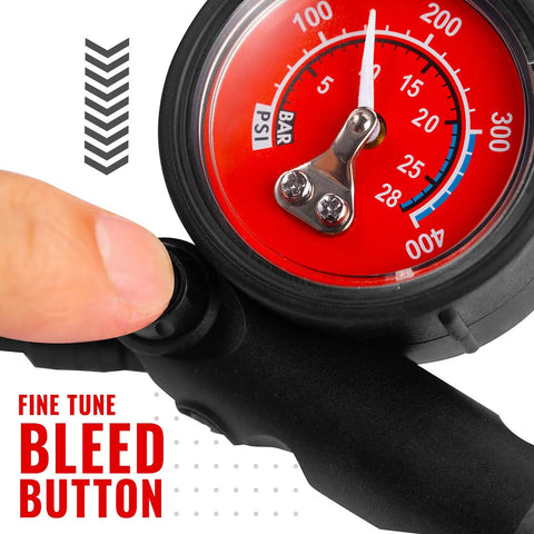 High Pressure 300 PSI Shock Pump dial close-up with bleed button, precise dial gauge in PSI and Bar.