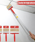 Three Piece Deck Stain And Sealer Brush Set for wood, showing extended handle reaching ceiling, with 3, 4, 6 inch brushes displayed.