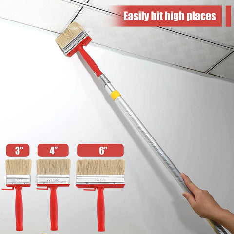 Three Piece Deck Stain And Sealer Brush Set for wood, showing extended handle reaching ceiling, with 3, 4, 6 inch brushes displayed.