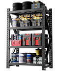 Rock Solid 69 Inch Black Metal Shelving Unit Heavy Duty Steel Rack With Tool Free Setup For Garage Warehouse Mega Storage filled with tools, boxes, and paint cans.