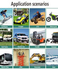 Illustration of various vehicles including surfboard, cropper, ATV, motorcycle, golf carts, electric car, forklift, sweeper, bus, lifter, excavator, and boat.