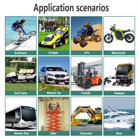 Illustration of various vehicles including surfboard, cropper, ATV, motorcycle, golf carts, electric car, forklift, sweeper, bus, lifter, excavator, and boat.
